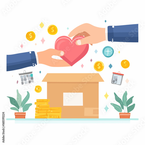 Illustrative generosity: hands giving heart to charity donation box with financial support