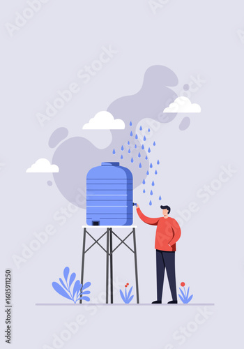 Man collecting rainwater from large blue tank under falling drops and clouds