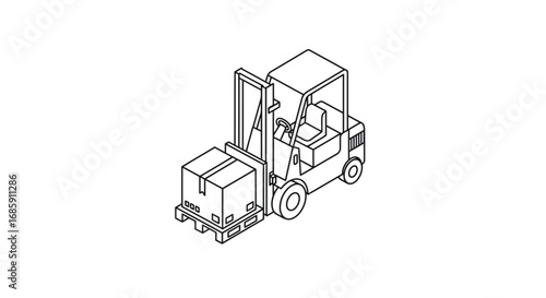 Modern forklift efficiently moves shipping box on pallet in clean isometric line art style