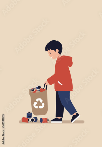 Young boy diligently collects aluminum cans in a recycling bag, promoting environmental responsibility