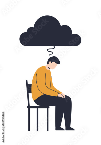 Sad man contemplates dark thoughts while sitting alone on a chair, feeling overwhelmed and troubled