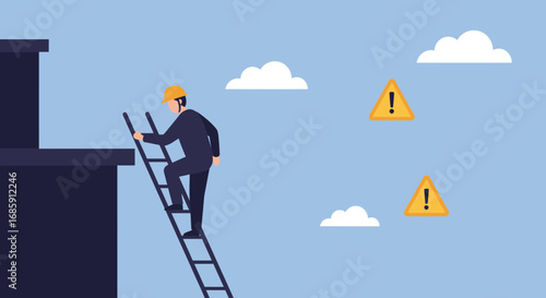Construction worker climbs ladder to the top, navigating hazards and challenges safely, vector