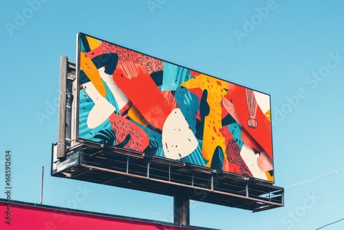 Fototapeta Naklejka Na Ścianę i Meble -  Vibrant and abstract design on a large billboard, adding a pop of color to the urban landscape against a clear blue sky