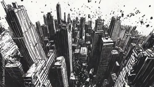 Crumbling metropolis under attack, buildings falling apart in disturbing scene