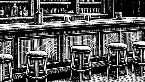 engraving illustration of a classic bar counter scene, featuring stools and bottles, designed in hand-drawn style, perfect for retro décor, pub artwork, restaurant themes, and creative design