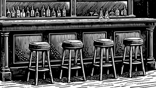 engraving illustration of a classic bar counter scene, featuring stools and bottles, designed in hand-drawn style, perfect for retro décor, pub artwork, restaurant themes, and creative design