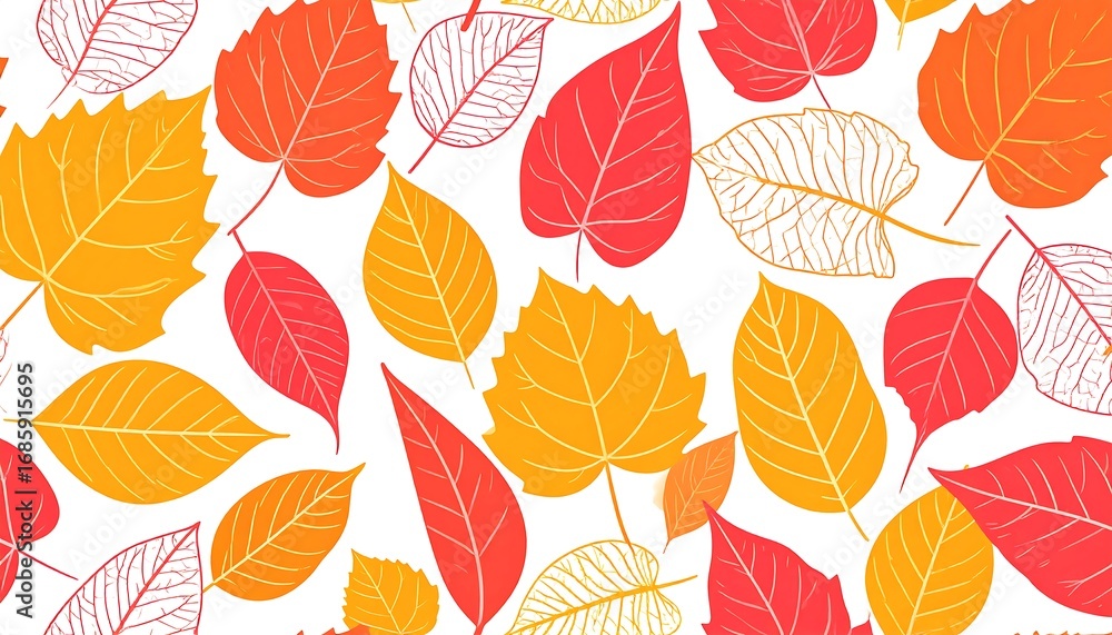 Obraz premium A vibrant autumnal design featuring various leaf shapes, in shades of orange and red, set against a white background.