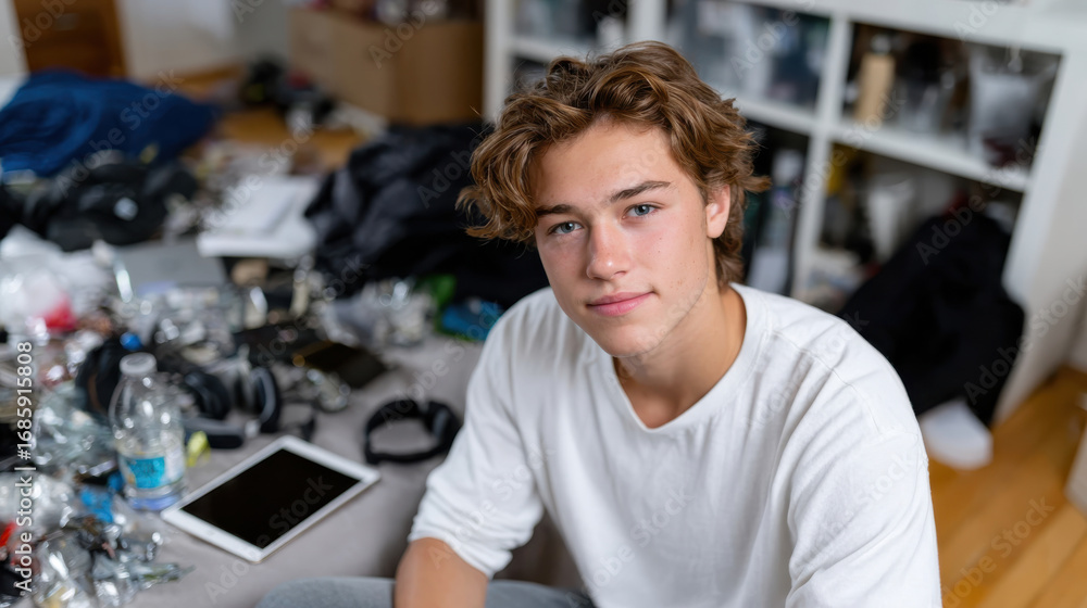 Fototapeta premium A portrait of a young man sitting casually in a creatively messy space, showcasing the vibrant energy and passion often found in an artistic environment.