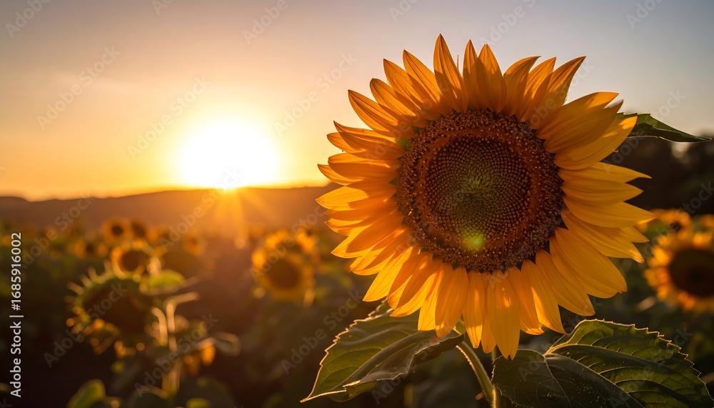 Obraz premium Sunflower field at sunset