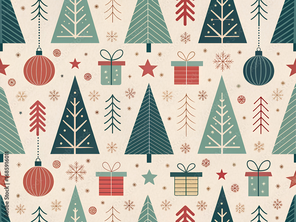 Whimsical scandinavian christmas tree pattern with gifts and ornaments Whimsical scandinavian christmas tree pattern with gifts and ornaments