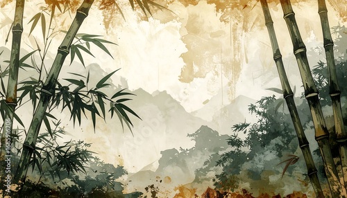 Serene bamboo forest landscape, aged paper effect