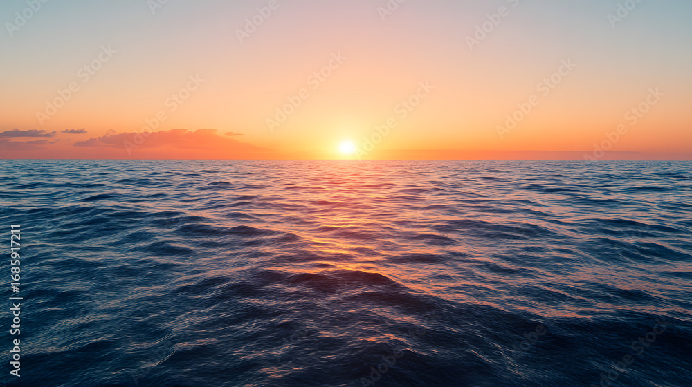 Fototapeta premium Tranquil Ocean Sunset: Captivating Blue and Orange Sky Reflection Over Serene Evening Seascape