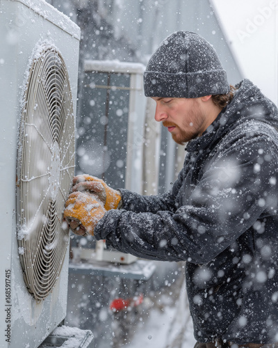 Technician replaces heat pump fan outdoors during snowy winter weather in residential neighborhood