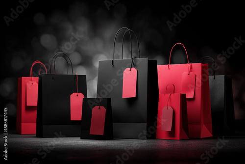 Black friday shopping bags with red tags displaying sales