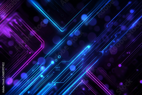 Futuristic neon circuit board glowing with data transfer