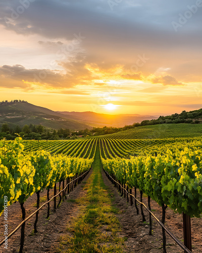 Vineyard Sunset: Scenic Rural Landscape with Grape Fields and Hills in Twilight Beauty