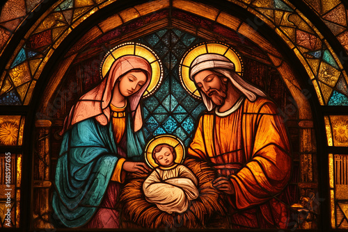Holy family stained glass window depicting nativity scene