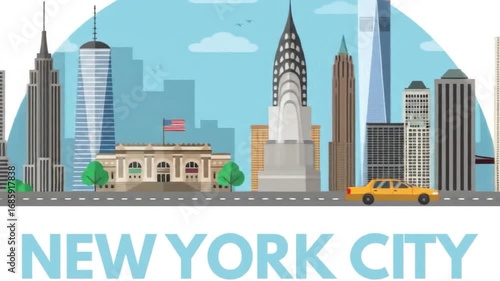 A vibrant cartoon illustration of new york city featuring iconic landmarks like the statue of liberty and empire state building, with a yellow taxi cab on the road