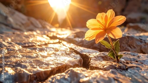 Flower Blooms Through Cracked Earth Under Bright Sunlight