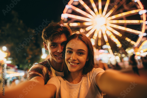 Young couple taking selfie at amusement park with ferris wheel
