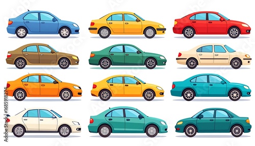 Collection of colorful sedans, side profile view, representing different vehicles