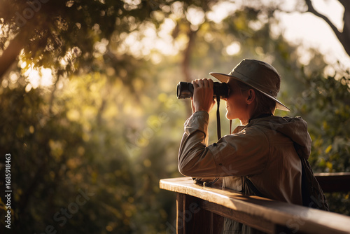 Wildlife biologist observing animals using binoculars in the jungle at sunset