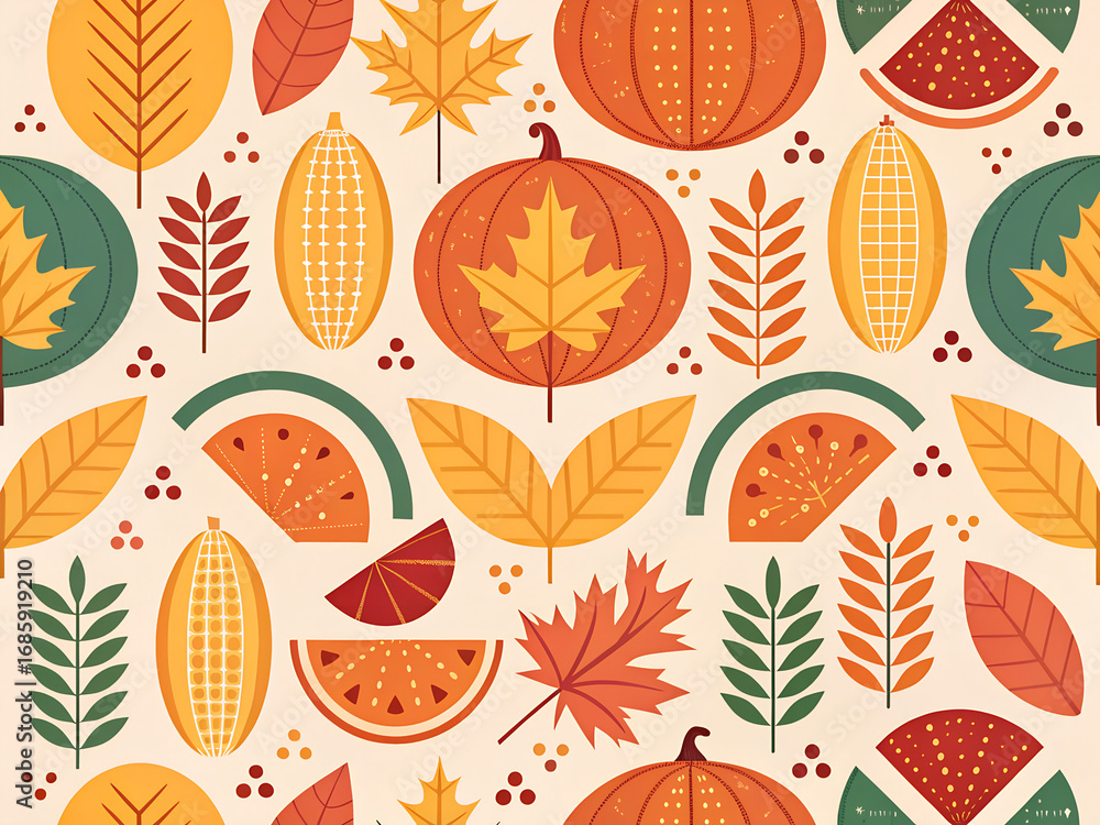 Obraz premium Whimsical autumn harvest pattern with pumpkins leaves and corn on cream background
