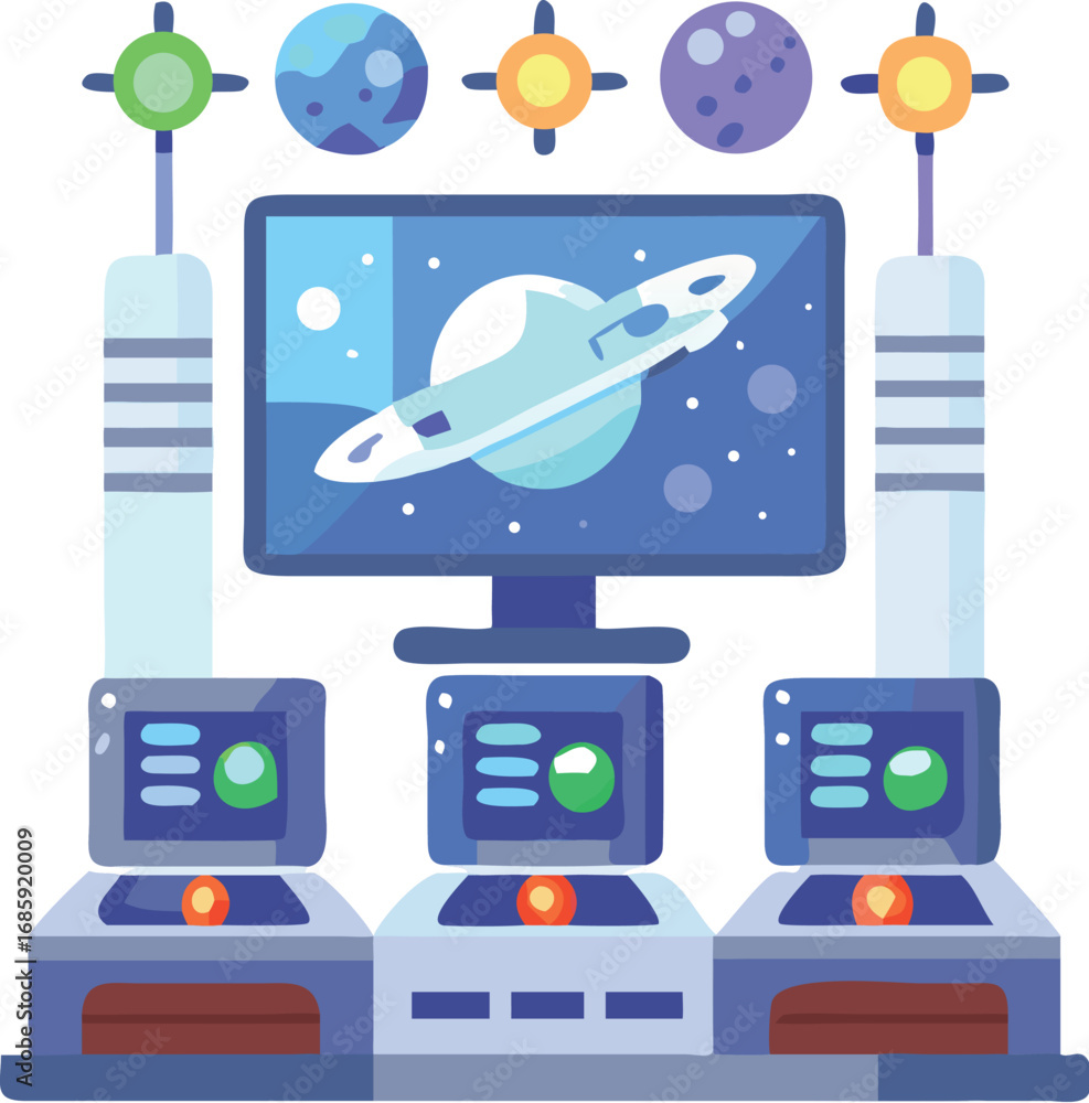 Naklejka premium Space exploration control center with planet display