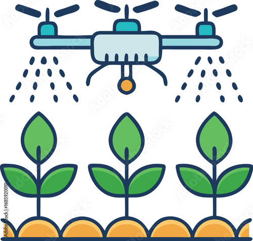 Drone spraying crops in field, smart farming and agriculture technology