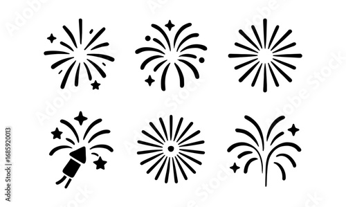 Set of black and white firework burst icons for celebrations