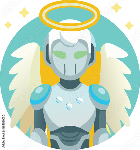 Illustration of a robot angel with wings and a halo on a