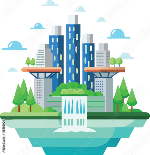 Futuristic city with waterfall and trees