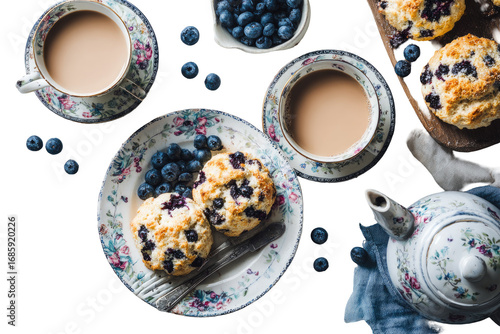 Vintage-style tea set with blueberry scones and tea.  