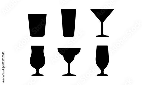 Silhouette icons of different cocktail glasses for beverage design projects