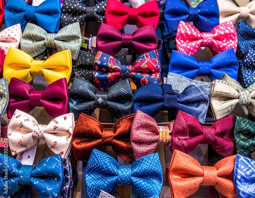 Colorful bow ties displayed in a variety of patterns and colors