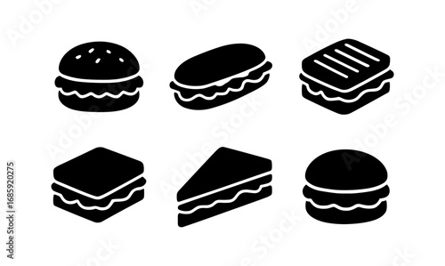 Silhouette icons of popular sandwiches and burgers in simple style