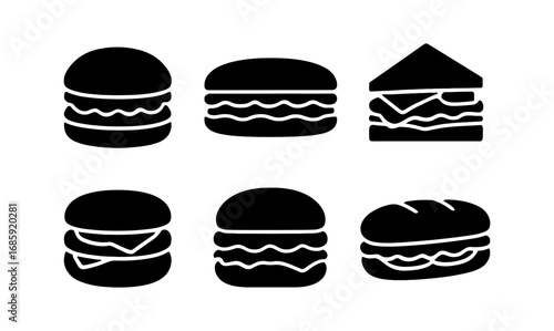 Minimalist silhouette icons of various burgers and sandwiches