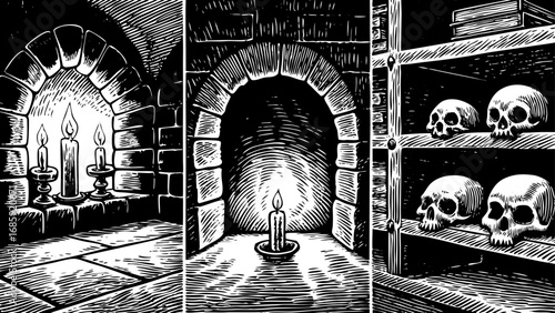 gothic dungeon cellar scenes collection illustrated with skulls and a fireplace, designed in vintage style, ideal for dark-themed artwork, historical concepts, horror-inspired projects, and creative