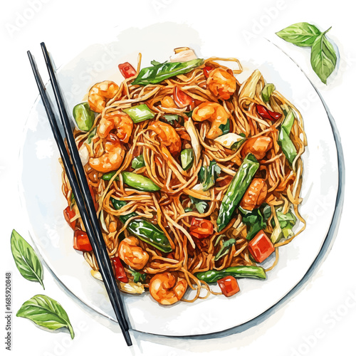 Chow Mein, watercolor vector, isolated on a white background.