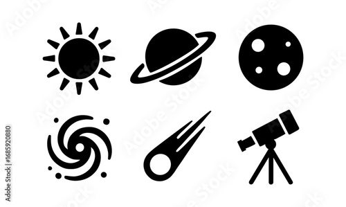 Celestial icons: sun, planets, moon, spiral, meteor, telescope silhouettes