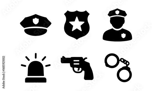 Set of police icon silhouettes including badge, officer, handcuffs, and gun