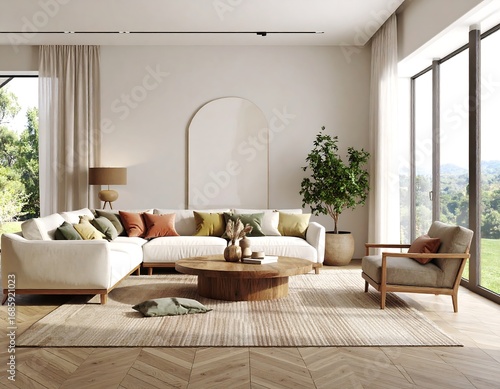 Modern, minimalist living room with natural light and warm tones