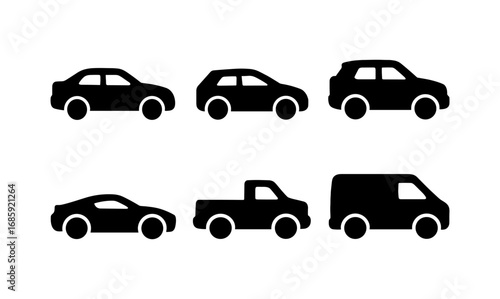 Silhouette set of various car types including sedan, suv, pickup, and van