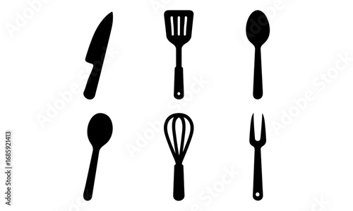Silhouette kitchen utensils set: knife, spatula, spoon, whisk, fork icons