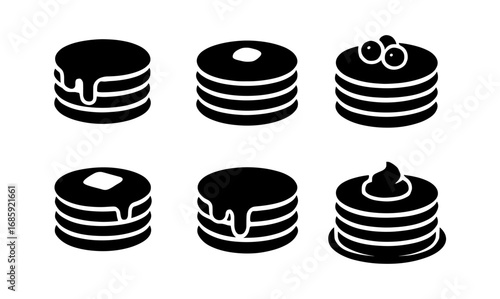 Silhouette pancake icons with toppings: butter, syrup, berries, whipped cream