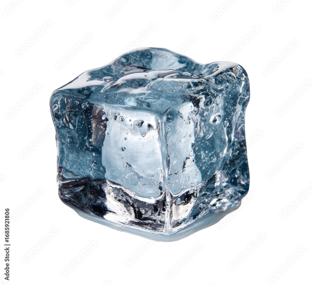 Obraz premium Close-up of a single, clear ice cube. It's a square shape, showing subtle translucent qualities and small air pockets within