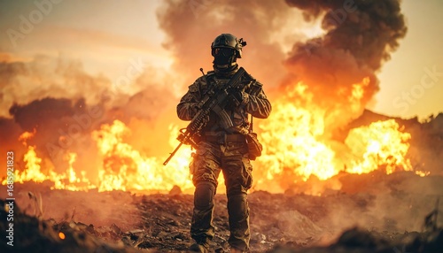 Wallpaper Mural Military figure amidst fiery explosion Torontodigital.ca