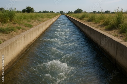 Irrigation canal with flowing water in farmland