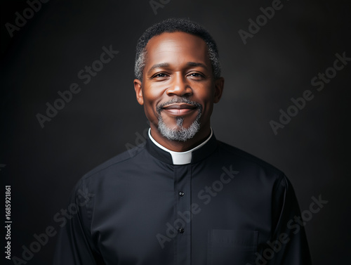 Studio shot portrait Christian african American pastor man in black shirt with white clergy collar looking directly at camera with sincere gentle smile against dark grey background, spiritual faith co