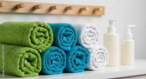 neatly rolled towels, bathroom hygiene and spa concept